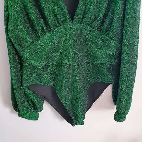 SHEIN Curve Bishop Sleeve Deep V Sparkle Bodysuit Green 2XL - Picture 4 of 8